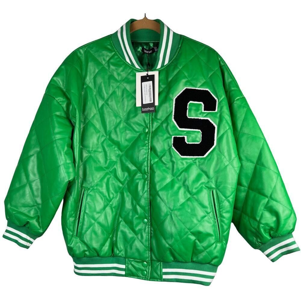 Boohoo Varsity Jacket Womens Sz 6 Green PU Quilted Oversized Thick Bomber Biker